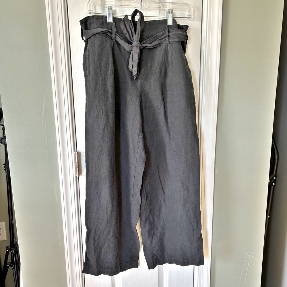 Nicole Miller 100% Linen Paperbag Waist Wide Leg Pants Belted Black Small